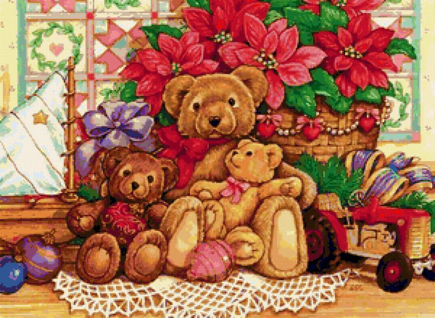 Рождественские мишки - медвежата, рождество, елка, игрушки, детки, пуансетия, новый год - предпросмотр