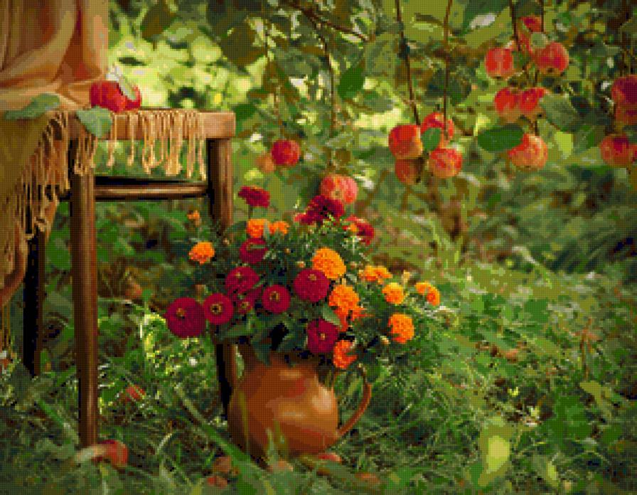 Бархатцы на фоне - яблоки, цветы, бархатцы, натюрморт, лето, букет - предпросмотр
