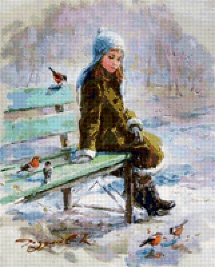 зима на лавочке - открытка, девочка, ретро, зима - предпросмотр