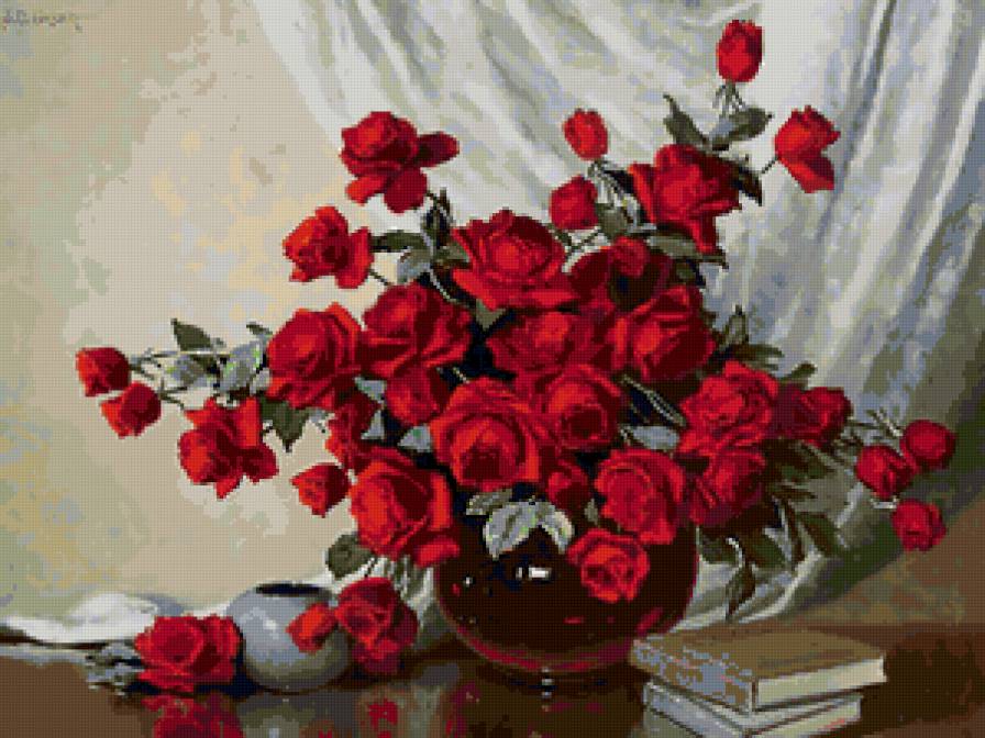 розы - цветы, роза, картина, натюрморт, книги - предпросмотр
