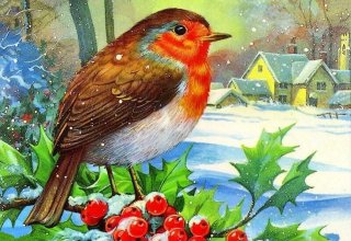 Рождественская птица - птицы, дерево, домики, зима, природа, пейзаж, птица, рождество - оригинал
