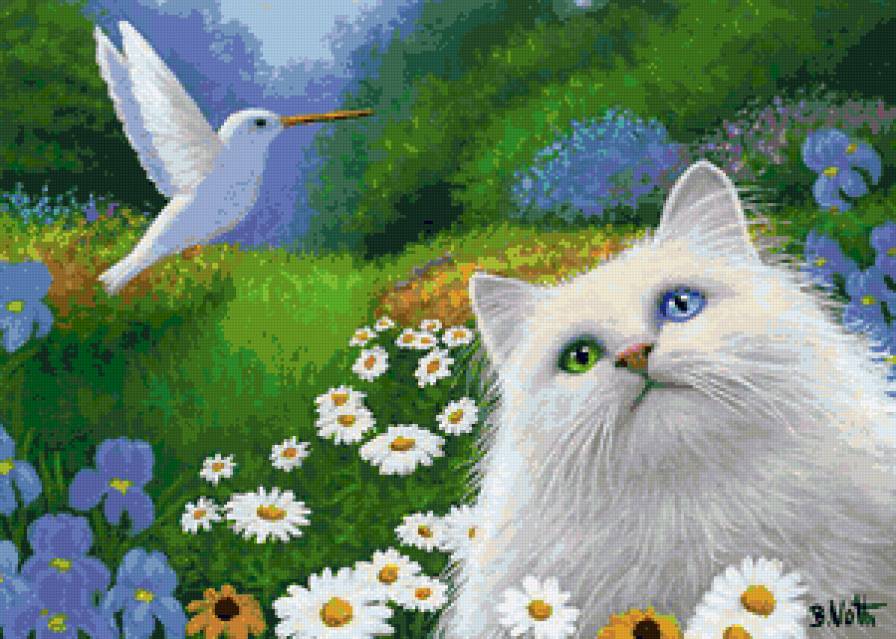 Кот и птичка - кошки, цветы, птица, колибри, ромашки, птичка, кошка, кот - предпросмотр