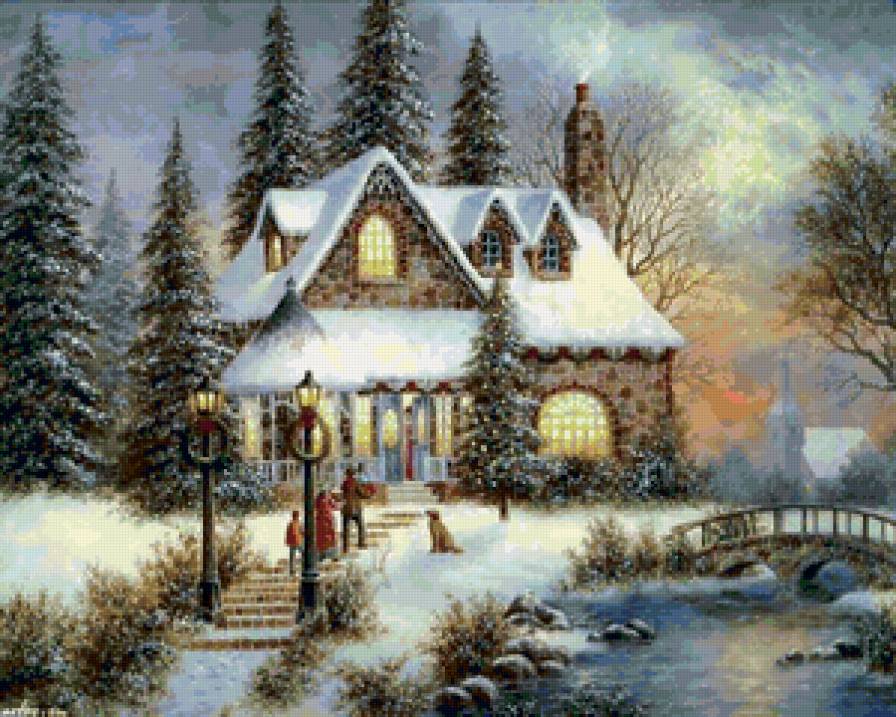 Рождественские  праздники - пейзаж, зима, мостик, дом - предпросмотр
