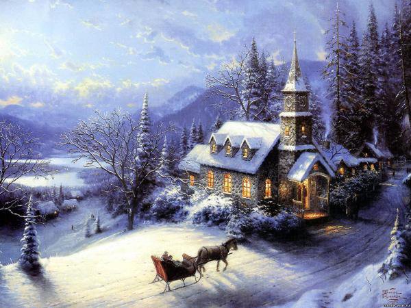 На праздник - зима, пейзаж, домик - оригинал