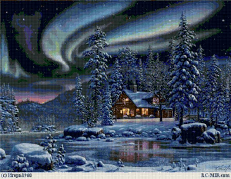 Зимний вечер - пейзаж, зима, домик - предпросмотр