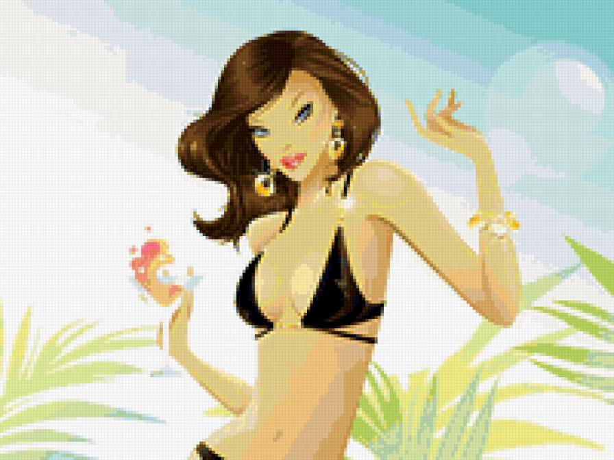 на пляже - лето, коктейль, бикини, пляж, девушка - предпросмотр