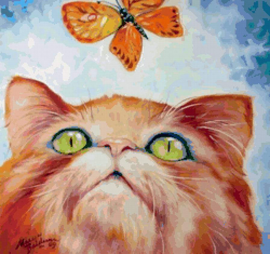 Кот и бабочка - живопись, животные, коты - предпросмотр