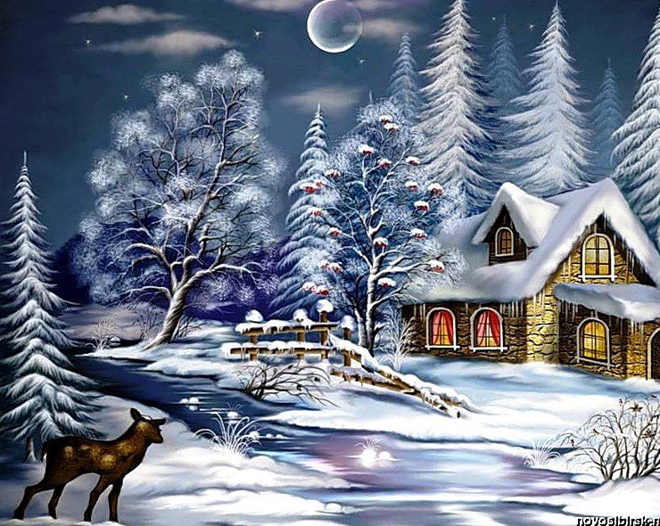 Зимняя ночь - ночь, рождество, домики, снег, зима, елочки - оригинал