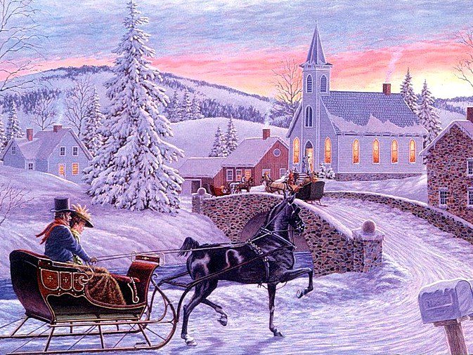 Сиреневый рассвет - лошадка, сани, снег, елочки, домики, зима, рассвет - оригинал