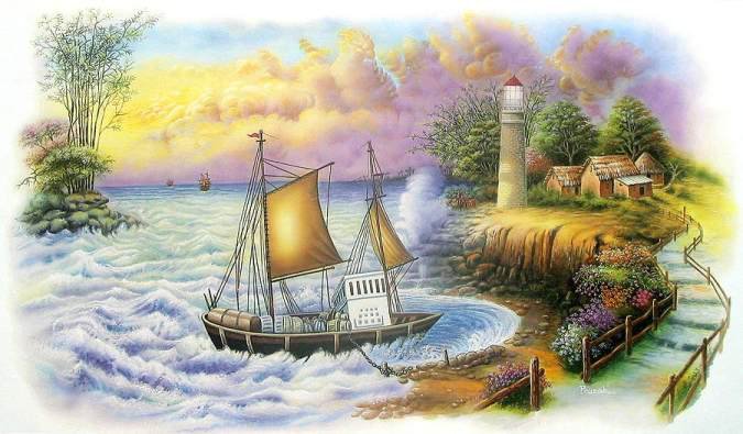 Маяк - пейзаж, живопись, парусник, маяк, море - оригинал