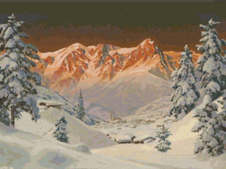 В ложбине гор - закат, горы, зимний пейзаж - предпросмотр