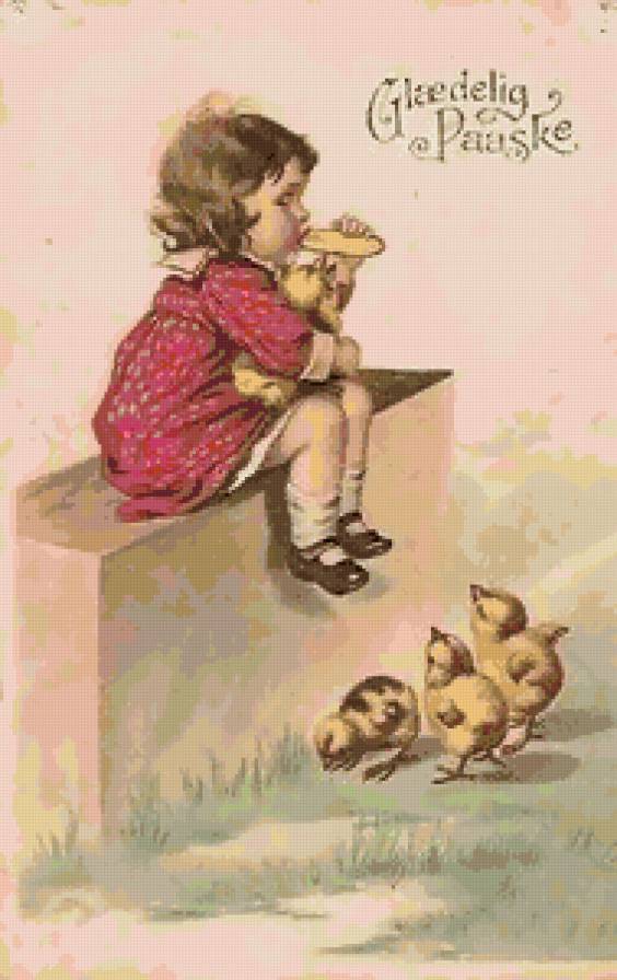 Старые открытки - цыплята, девочка - предпросмотр