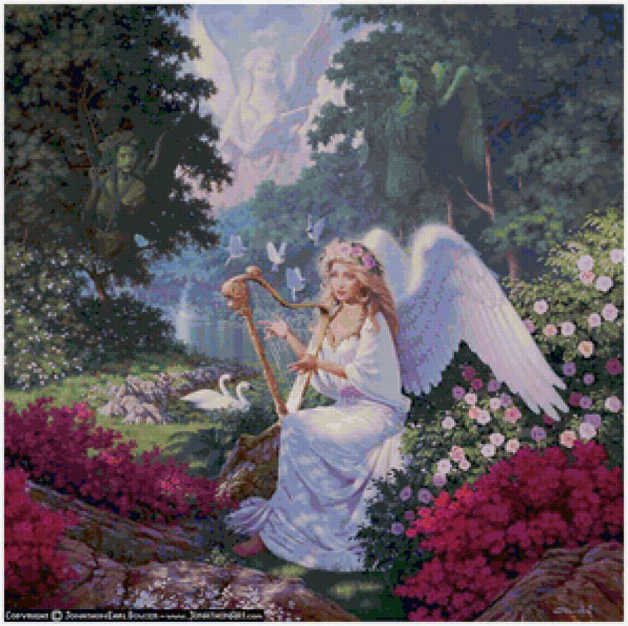 Ангел-хранитель - девушка, пейзаж, птицы, живопись - предпросмотр
