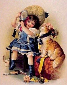 Старые открытки - кошка, девочка - оригинал
