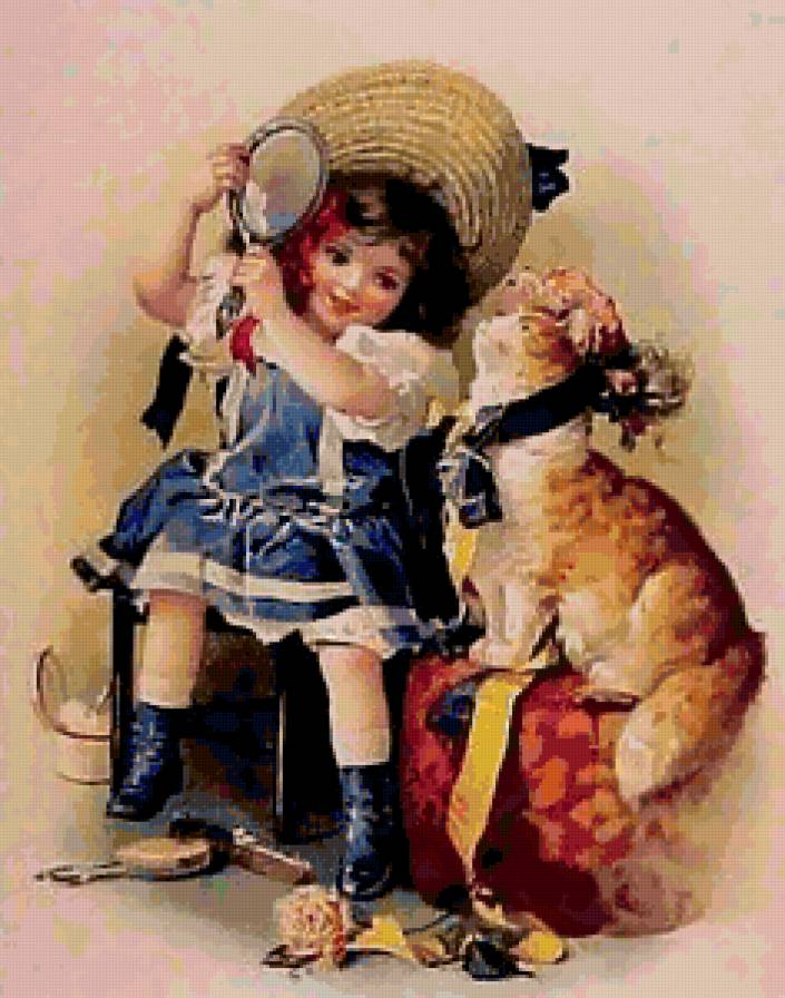 Старые открытки - девочка, кошка - предпросмотр