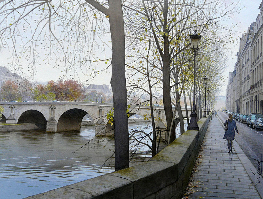 Парижская осень - городской пейзаж, живопись - оригинал