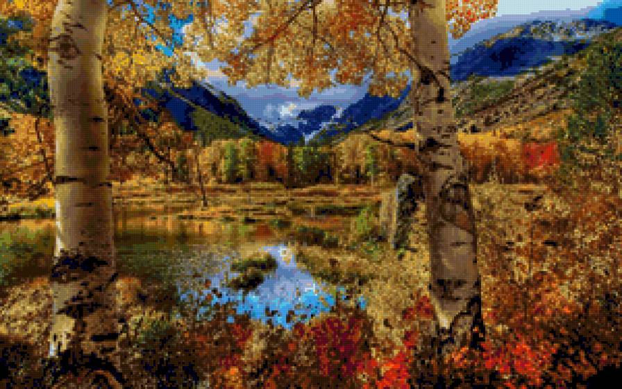Серия "Осень" Горное озеро - горы, вода, осень, деревья, река, пейзаж - предпросмотр
