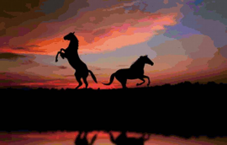 Лошади на закате - лошади, кони, лошадь, любовь, закат - предпросмотр