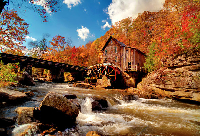 Серия "Осень" Мельница - река, пейзаж, осень, мельница, вода, деревья, горы - оригинал
