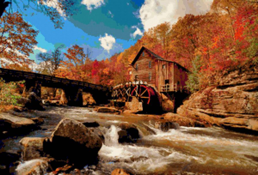 Серия "Осень" Мельница - осень, вода, деревья, река, пейзаж, горы, мельница - предпросмотр
