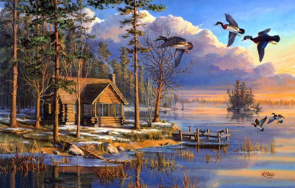 Весенний пейзаж - озеро, речка, зима, природа, животные, весна, птицы, утки, домик - оригинал