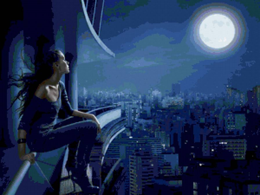 Девушка и луна - девушка, полнолуние, луна, ночной город - предпросмотр