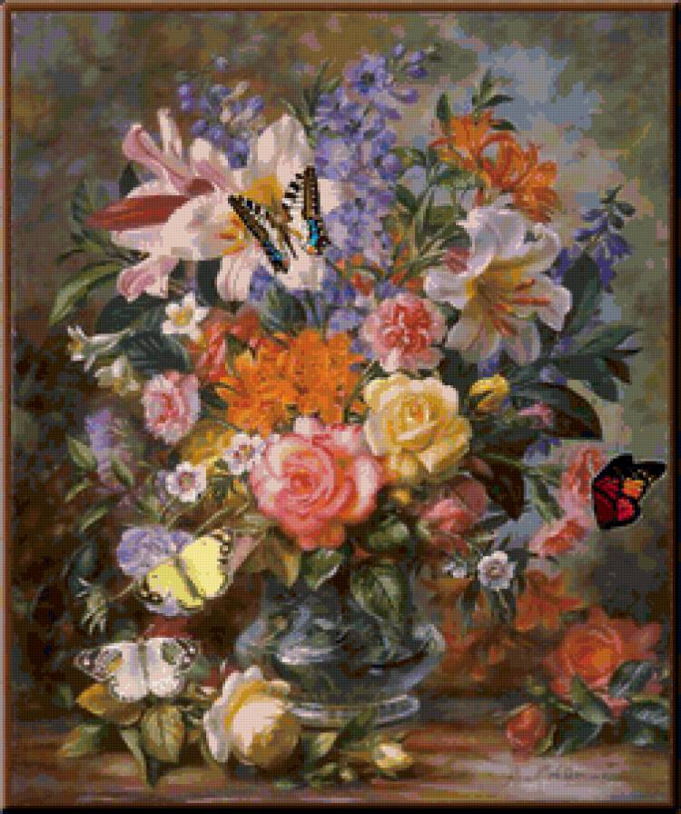 №140867 - бабочка, цветы, ваза, букет - предпросмотр