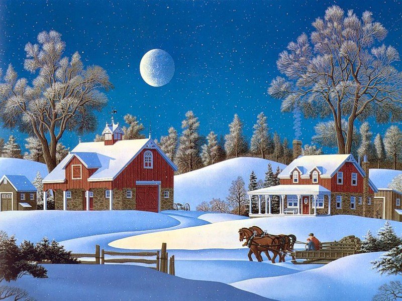 Зимний пейзаж - зима, новый год, пейзаж, лошади - оригинал