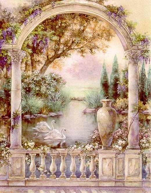 №141475 - озеро, лебеди, цветы, арка - оригинал