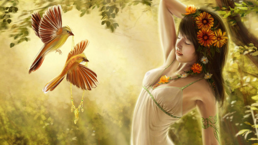 девушка и птицы - лес, цветы, девушка, птицы - оригинал