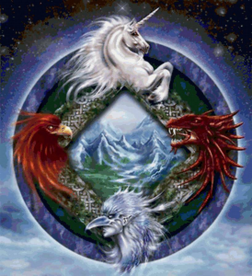 Мифические существа - картина, ловец снов, фентази, символ, животные, тотем, дракон - предпросмотр