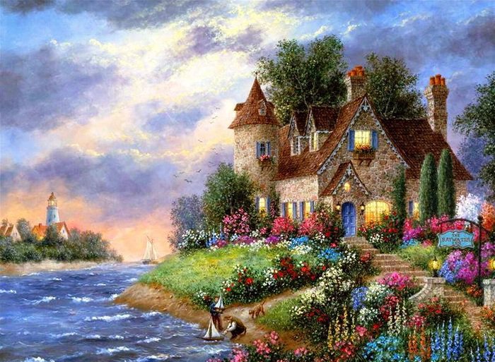 Сказочный домик - река, пейзаж, картина, домик, красота - оригинал