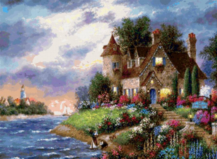 Сказочный домик - домик, пейзаж, река, картина, красота - предпросмотр