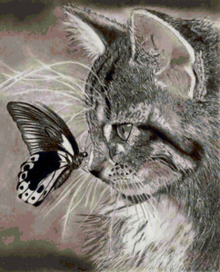котенок и бабочка - красота, котенок, животные, картина - предпросмотр