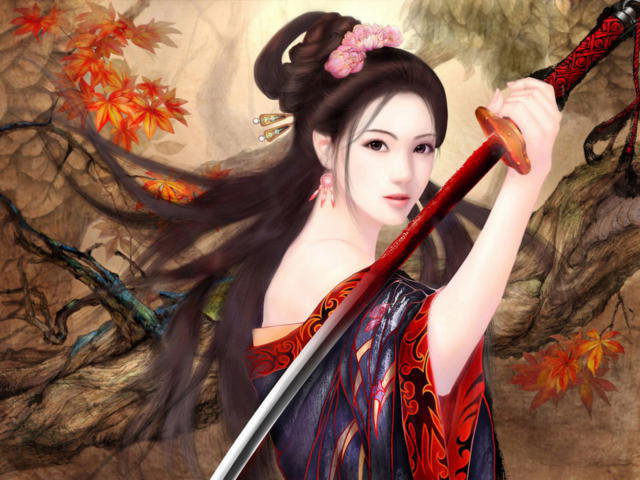 Японка с мечем - девушка, азия, восток, портрет, катана, японка, меч - оригинал