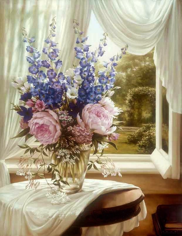 Цветы у окна - ваза, букет, цветы, окно, картина, натюрморт, живопись - оригинал