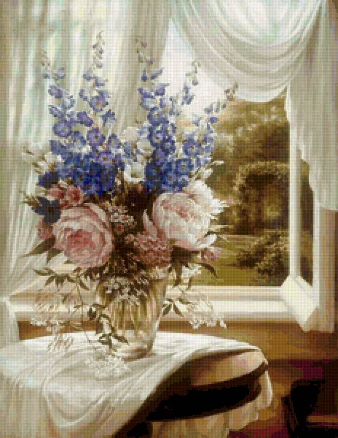 Цветы у окна - букет, окно, ваза, натюрморт, живопись, цветы, картина - предпросмотр