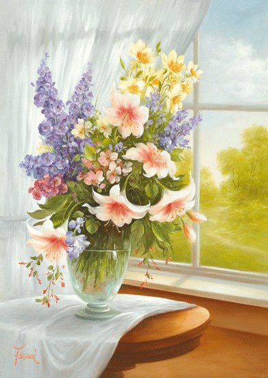 Цветы у окна - живопись, картина, натюрморт, окно, букет, цветы, ваза - оригинал