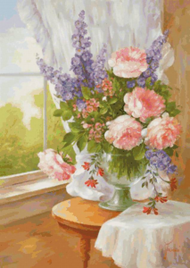 Цветы у окна - цветы, окно, живопись, букет, ваза, картина, натюрморт - предпросмотр