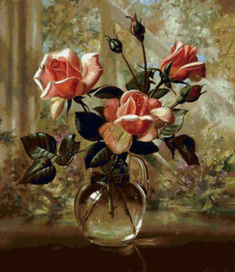 Розы - натюрморт, цветы, ваза, розы, картина, живопись - предпросмотр