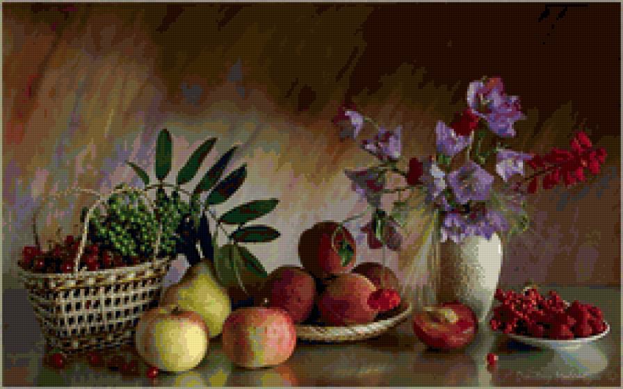 натюрморт - ягоды, яблоки, цветы, натюрморт - предпросмотр