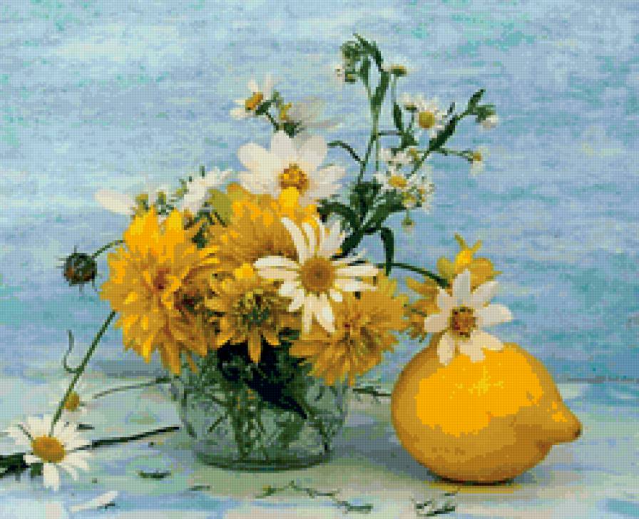 натюрморт - натюрморт, цветы, ромашки, лимон - предпросмотр