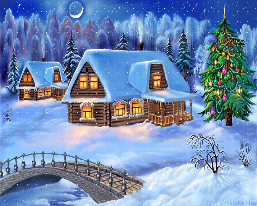 Канун Нового года - пейзаж, дом, домики, зима, мост, новый год, изба - оригинал