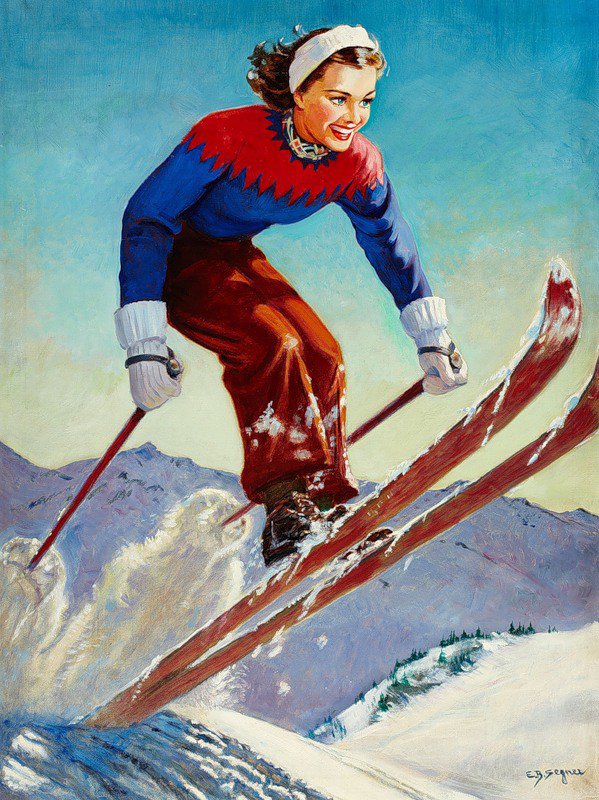 девушка на лыжах - девушка, женщина, открытка.ретро - оригинал