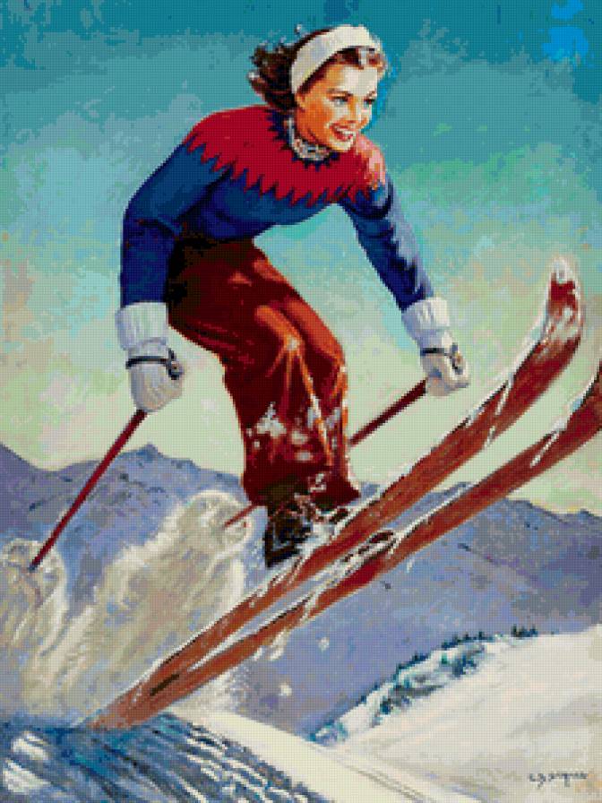 девушка на лыжах - девушка, женщина, открытка.ретро - предпросмотр