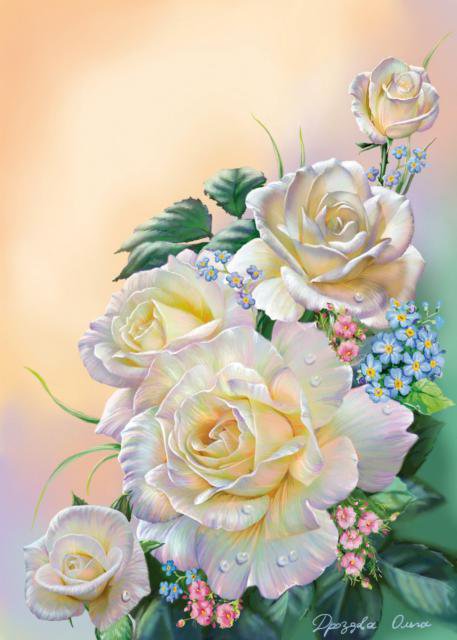 Нежные розы - картина, розы, цветы, букет - оригинал