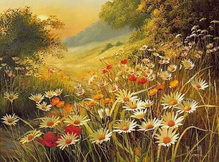 цветочная долина - природа, ромашки, картина, пейзаж - оригинал