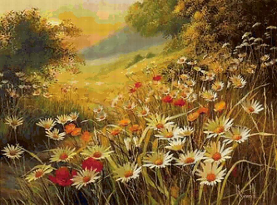 цветочная долина - ромашки, природа, пейзаж, картина - предпросмотр