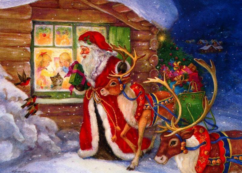 У окна - дед мороз, новый год, новогодняя, окно, праздник, олени - оригинал