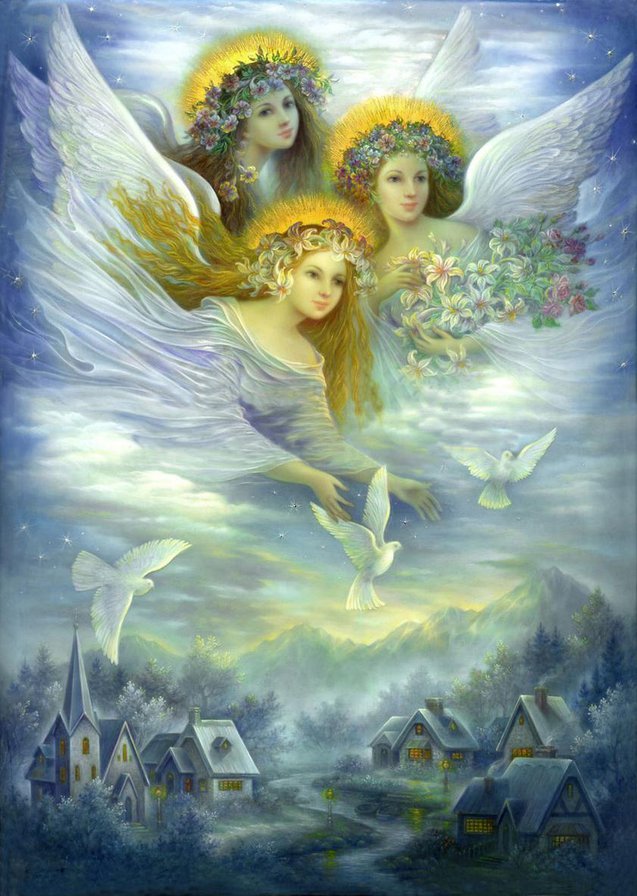 Серия "Ангелы" - девушки, домик, пейзаж, ангелы, зима - оригинал